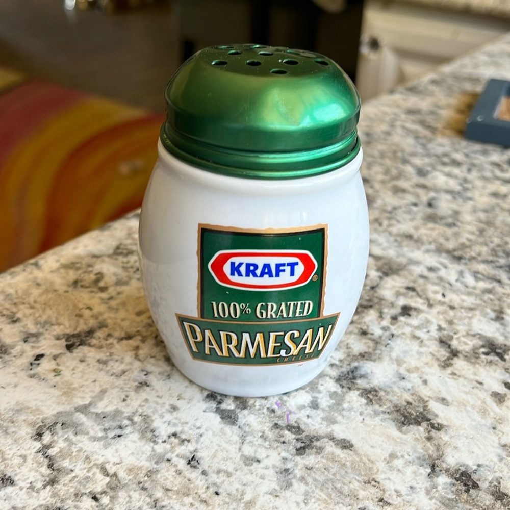 Vintage Kraft 100% Grated Parmesan Ceramic Shaker with metal lip.